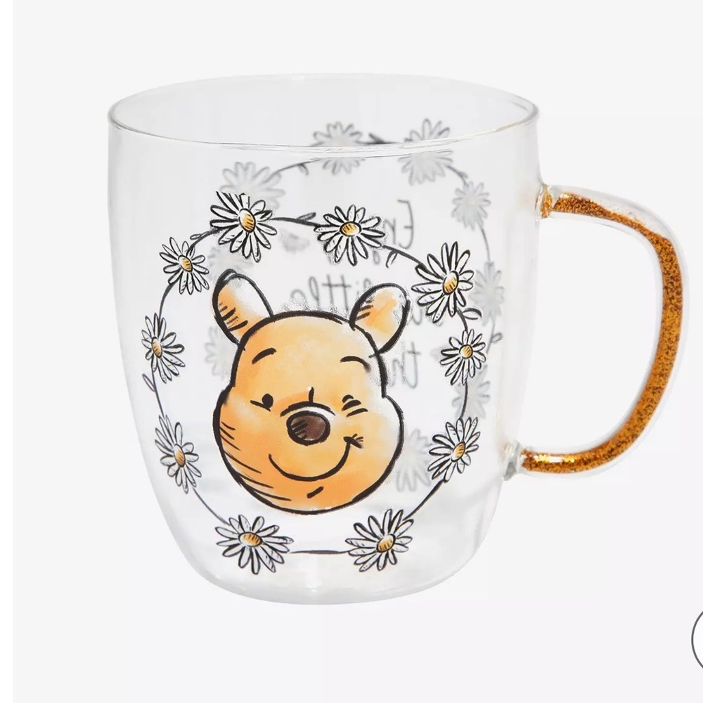 Disney Winnie the Pooh Glass Mug with Floral Design Glitter Handle - Picture 2 of 9